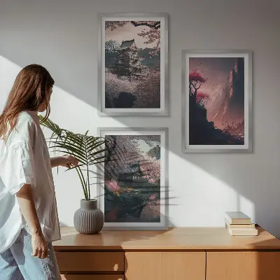 Fantasy Japanese mountain landscape wall art set set of decorative prints