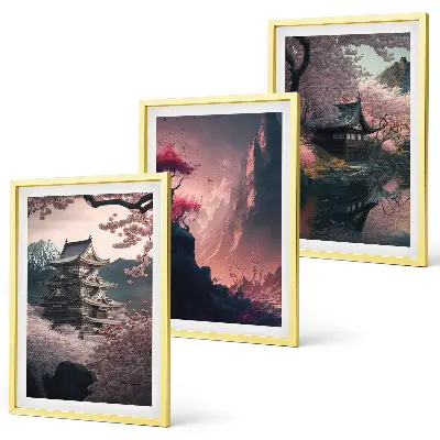 Fantasy Japanese mountain landscape wall art set set of decorative prints
