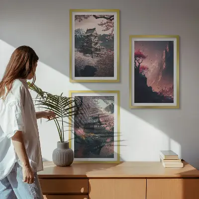 Fantasy Japanese mountain landscape wall art set set of decorative prints