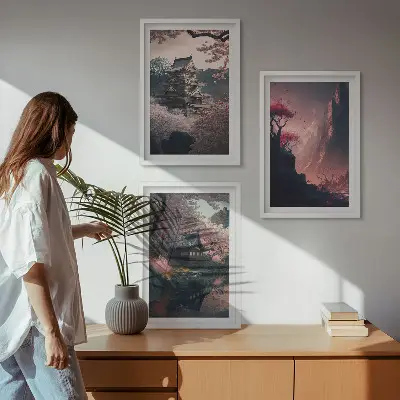 Fantasy Japanese mountain landscape wall art set set of decorative prints