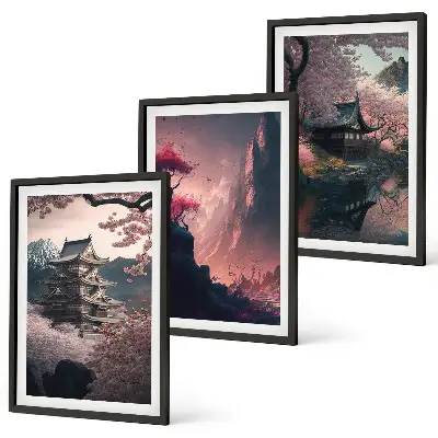 Fantasy Japanese mountain landscape wall art set set of decorative prints