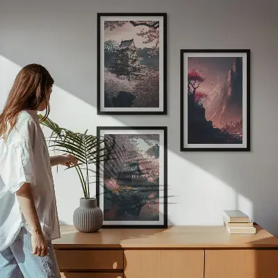Fantasy Japanese mountain landscape wall art set set of decorative prints