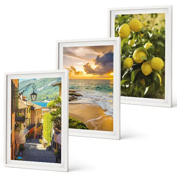 Three-piece wall art set featuring streets, sea, beach, and citrus trees