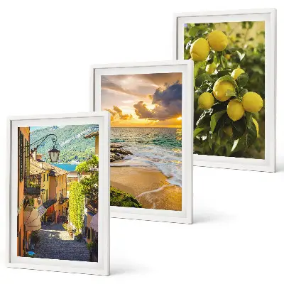 Three-piece wall art set featuring streets, sea, beach, and citrus trees