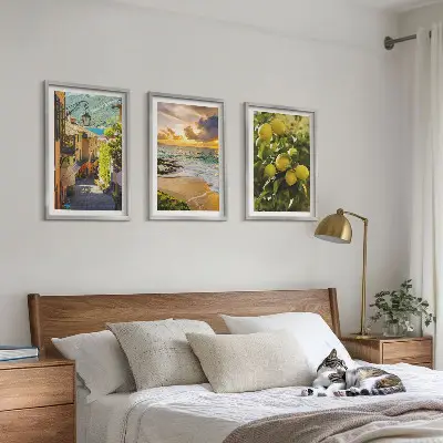 Three-piece wall art set featuring streets, sea, beach, and citrus trees