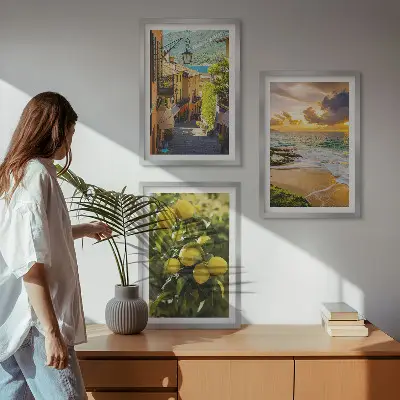 Three-piece wall art set featuring streets, sea, beach, and citrus trees
