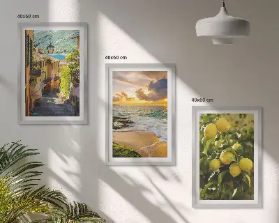 Three-piece wall art set featuring streets, sea, beach, and citrus trees