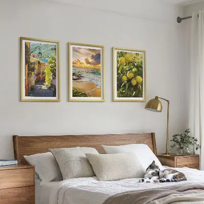 Three-piece wall art set featuring streets, sea, beach, and citrus trees