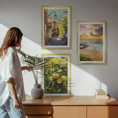 Three-piece wall art set featuring streets, sea, beach, and citrus trees