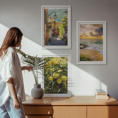 Three-piece wall art piece Streets, sea, beach, citrus trees