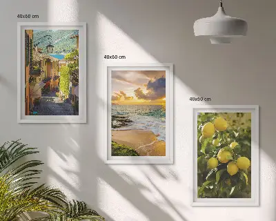 Three-piece wall art set featuring streets, sea, beach, and citrus trees