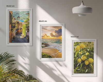Three-piece wall art piece Streets, sea, beach, citrus trees
