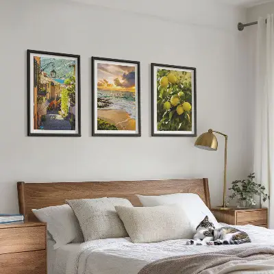 Three-piece wall art set featuring streets, sea, beach, and citrus trees