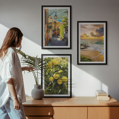 Three-piece wall art piece Streets, sea, beach, citrus trees