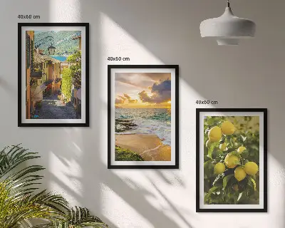 Three-piece wall art set featuring streets, sea, beach, and citrus trees