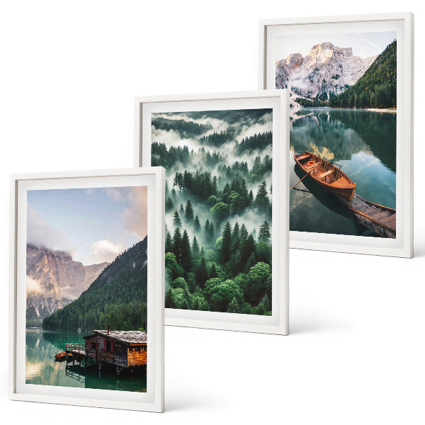 Wall art set Mountain lake boat forest fog