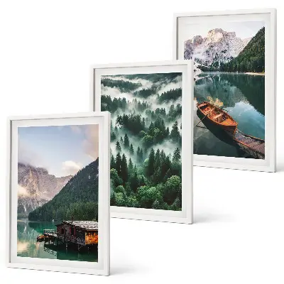 Wall art set featuring a mountain lake with a boat surrounded by foggy forest