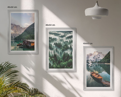 Wall art set Mountain lake boat forest fog