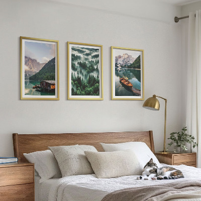 Wall art set Mountain lake boat forest fog