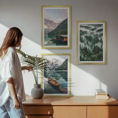 Wall art set featuring a mountain lake with a boat surrounded by foggy forest