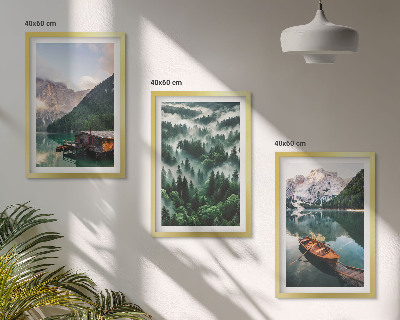 Wall art set Mountain lake boat forest fog