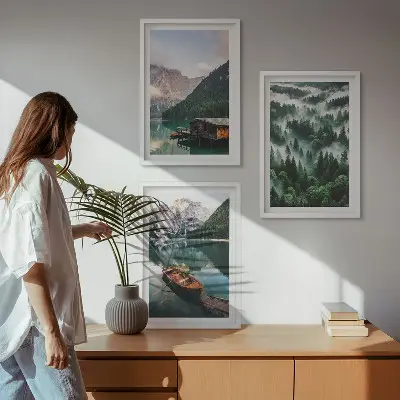 Wall art set featuring a mountain lake with a boat surrounded by foggy forest