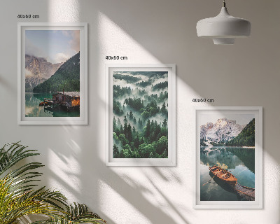 Wall art set Mountain lake boat forest fog