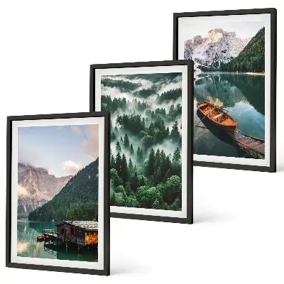 Wall art set featuring a mountain lake with a boat surrounded by foggy forest
