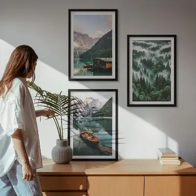 Wall art set featuring a mountain lake with a boat surrounded by foggy forest