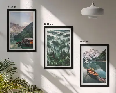Wall art set featuring a mountain lake with a boat surrounded by foggy forest