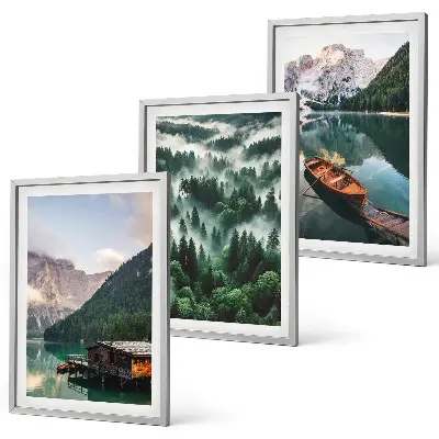 Wall art set featuring a mountain lake with a boat surrounded by foggy forest