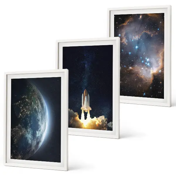Three-piece wall art set featuring a space galaxy earth and rocket design