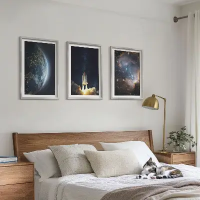 Three-piece wall art set featuring a space galaxy earth and rocket design