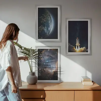 Three-piece wall art set featuring a space galaxy earth and rocket design