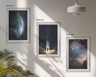 Three-piece wall art piece Space Earth rocket galaxy
