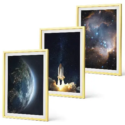 Three-piece wall art set featuring a space galaxy earth and rocket design