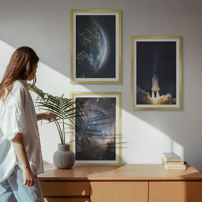 Three-piece wall art set featuring a space galaxy earth and rocket design