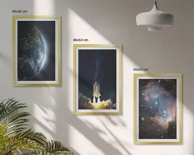 Three-piece wall art set featuring a space galaxy earth and rocket design