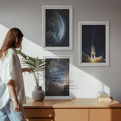 Three-piece wall art set featuring a space galaxy earth and rocket design