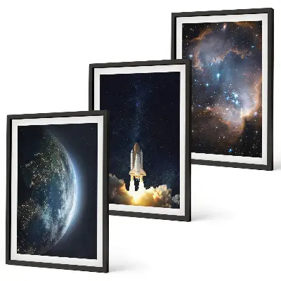 Three-piece wall art set featuring a space galaxy earth and rocket design