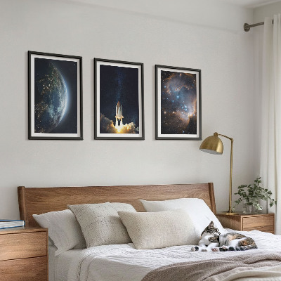 Three-piece wall art piece Space Earth rocket galaxy