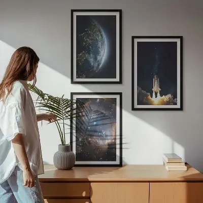 Three-piece wall art set featuring a space galaxy earth and rocket design