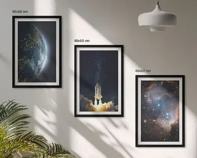 Three-piece wall art set featuring a space galaxy earth and rocket design