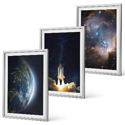 Three-piece wall art piece Space Earth rocket galaxy