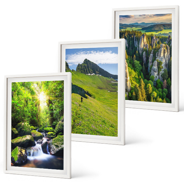 Set of 3 framed wall art pieces Green mountains waterfall forest