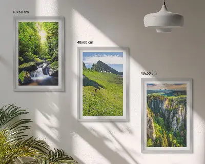 Set of 3 framed wall art pieces featuring a green mountain waterfall forest