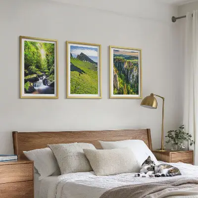Set of 3 framed wall art pieces featuring a green mountain waterfall forest