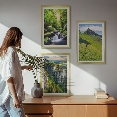 Set of 3 framed wall art pieces Green mountains waterfall forest