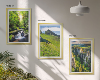 Set of 3 framed wall art pieces Green mountains waterfall forest