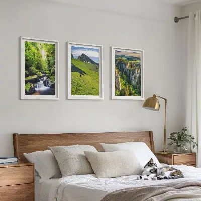 Set of 3 framed wall art pieces featuring a green mountain waterfall forest